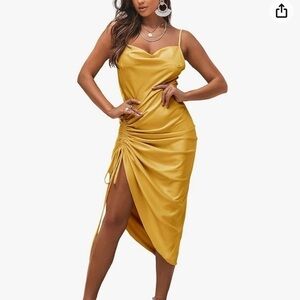 Women's Satin Spaghetti Straps Cowl‎ Neck Sexy Ruch Cocktail Midi